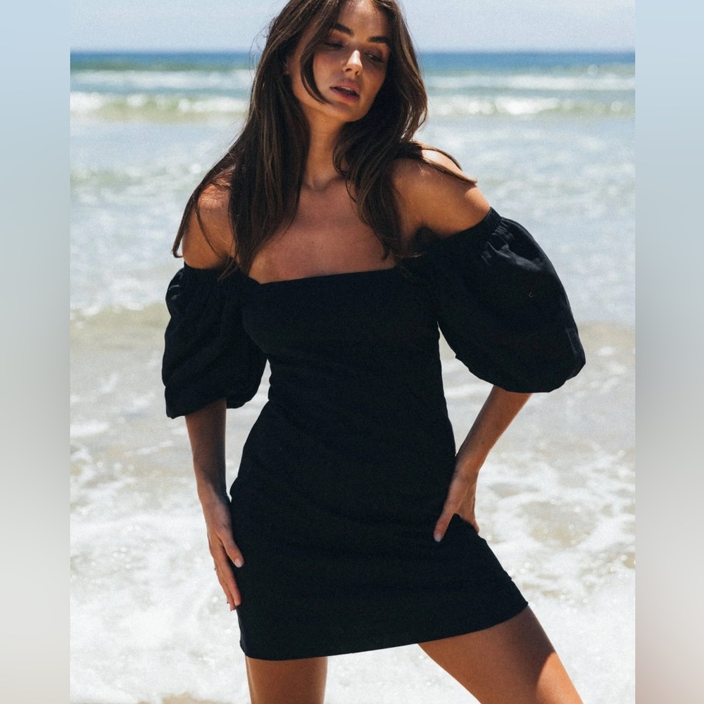 Black Off-Shoulder Puff Sleeve Mini Dress